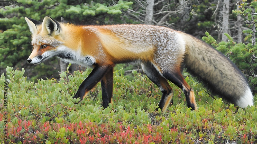 Fototapeta premium Red Fox Walking in Lush Green Foliage