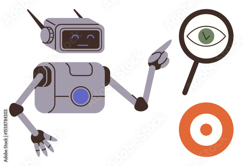 Robot gesturing toward magnifying glass with eye and target as symbols of data analysis, vision, and accuracy. Ideal for technology, innovation, AI, research, optimization, goal-setting robotic