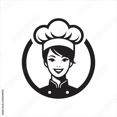 A smiling female chef wearing a toque and uniform, inside a circular frame.