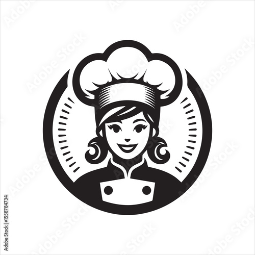 A stylized illustration of a female chef wearing a toque and uniform, set within a circular frame.