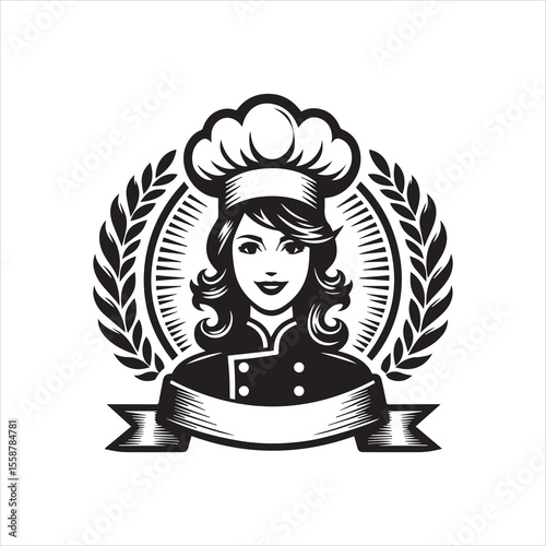 Chef woman illustration wearing hat and uniform, framed by laurel wreath and ribbon.