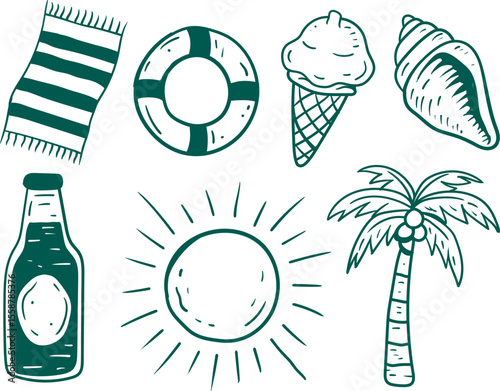set of hand drawn summer holiday icons 