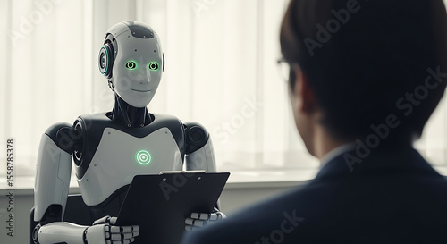 A futuristic humanoid robot conducting an interview with a person in an office setting