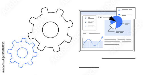 Gears alongside an analytics dashboard with charts, graphs, and data elements. Ideal for collaboration, data workflow, process management, analytics, technology, innovation simple landing page