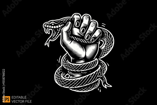 hand tied by snake dark horror art illustration design black and white backgroud templates
