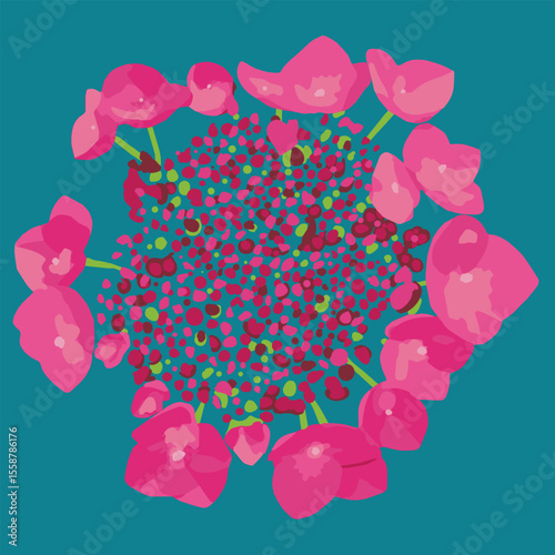 Abstract illustration of a hydrangea flower with vibrant pink petals and a detailed dotted center on a teal background, evoking a bold and artistic floral style.