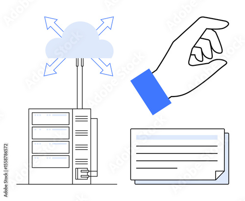 Conceptual illustration of cloud connected to servers, hand selecting an option, and digital cards. Ideal for technology, cloud computing, data storage, digital access, IT infrastructure, innovation