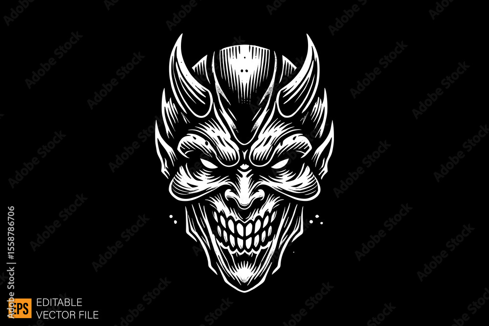 Obraz premium Devil head tattoo dark horror art illustration design black and white backgroud templates