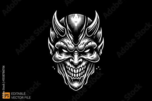 Devil head tattoo dark horror art illustration design black and white backgroud templates
