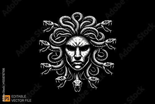 medusa head dark horror art illustration design black and white backgroud templates