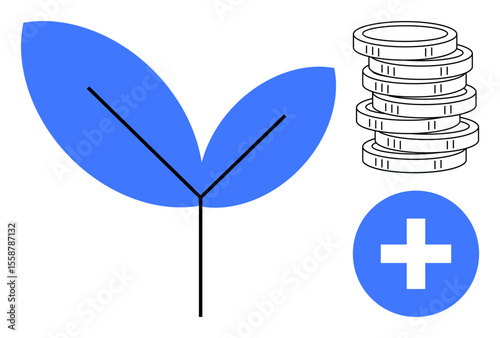 Blue leaf with stem, coin stack, and plus sign evoke themes of growth, saving, investment, health, care, ecology sustainability. Ideal for business finance health eco management simple flat