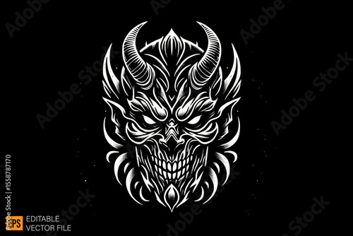 Devil head tattoo dark horror art illustration design black and white backgroud templates