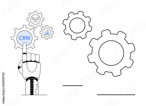 Robotic hand selecting CRM gear, surrounded by business icons and additional gears. Ideal for automation, technology, CRM, AI, business strategy, innovation, simple landing page