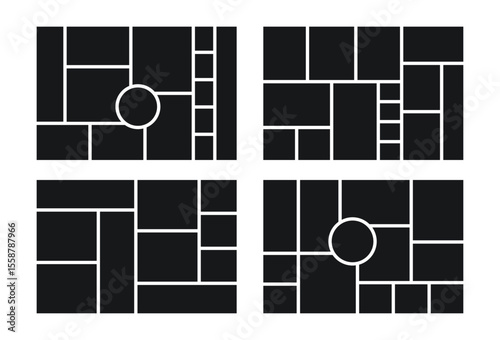 Moodboard grid. Mood board background. Collage template. Photomontage pictures layout. Album scrapbook design. Horizontal mockup with circle. Set of mosaic frames. Vector illustration.