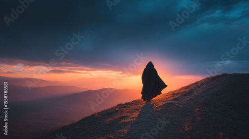 Atmospheric image of Christ walking away on mountain ridge under warm twilight, cloak flowing in the wind, solitude and divine presence in nature