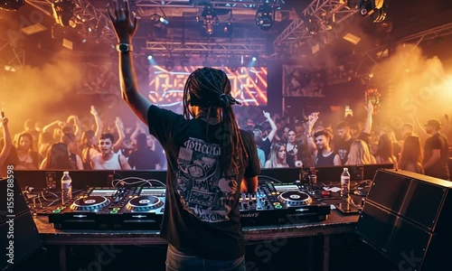 DJ performing on stage in a crowded club