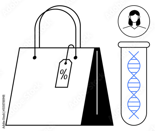 Shopping bag with a discount tag, DNA test tube, and woman profile icon symbolizing personalized shopping, genetics, data insights, retail trends, health, innovation, and customization in a simple