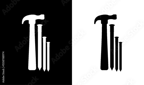 hammer and nail set silhouette vector illustration, nail silhouette vector, hammer silhouette vector, silhouette, set, art, design, illustration, symbol design, white, black, group,