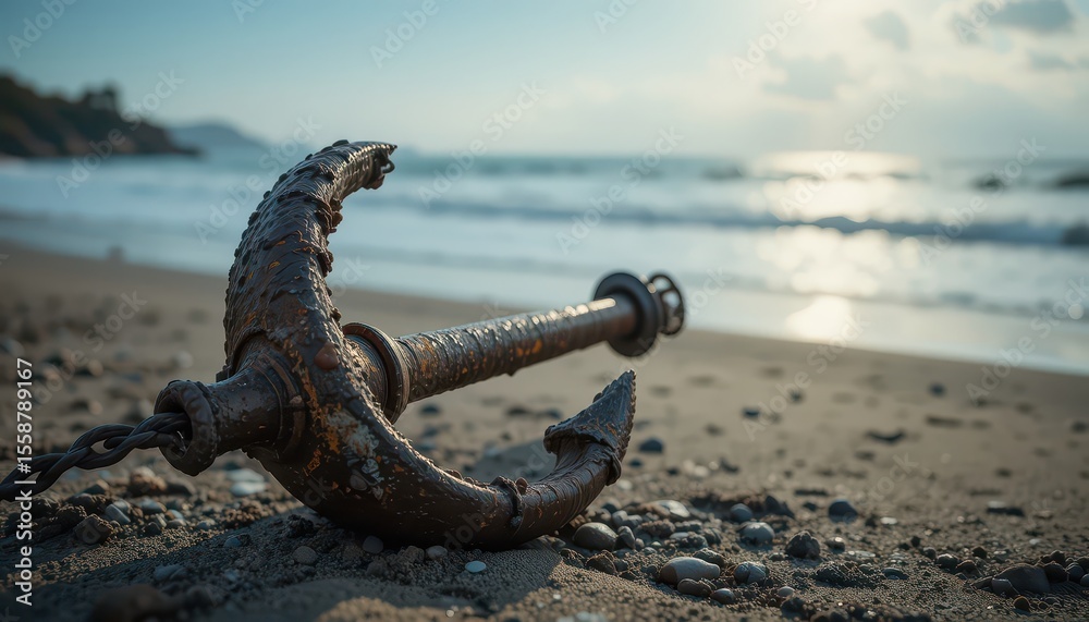 Fototapeta premium Weathered Anchor on Sandy Beach Cinematic Seascape with Ocean Reflections