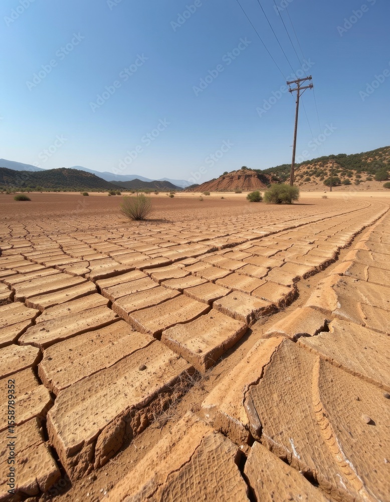 Fototapeta premium Drought effects on cracked earth desert landscape nature photography arid environment low angle view environmental impact