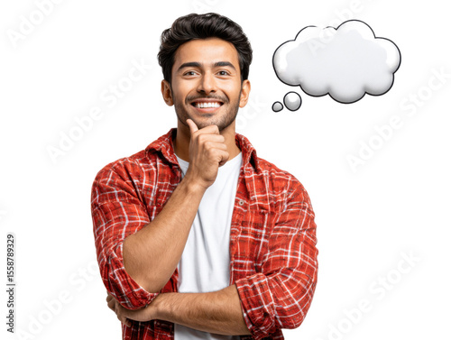 Creative Contemplation: A young man, hand on chin, contemplates a thought bubble, his joyful smile reflecting the warmth of imagination and creative insight. 