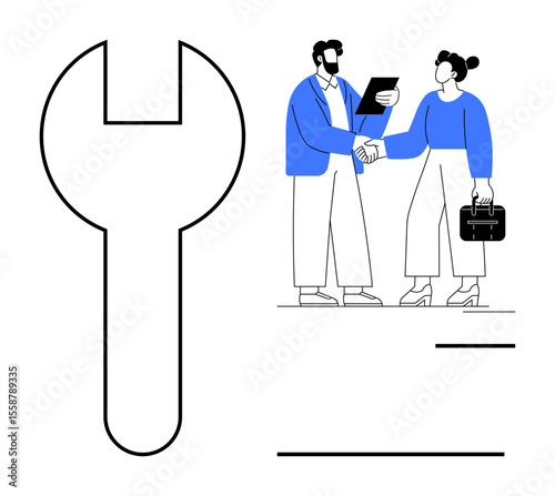 Two business professionals shaking hands, holding documents and a briefcase next to large wrench shape. Ideal for partnership, teamwork, repair, solutions, tools, strategy business ideas. Simple