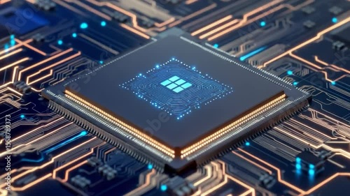 Detailed shot of a computer chip with a circuit board, symbolizing technological advancement