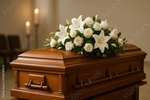 Wooden coffin adorned with white flowers and lilies at a funeral service with candles in the background, a symbol of loss and remembrance.