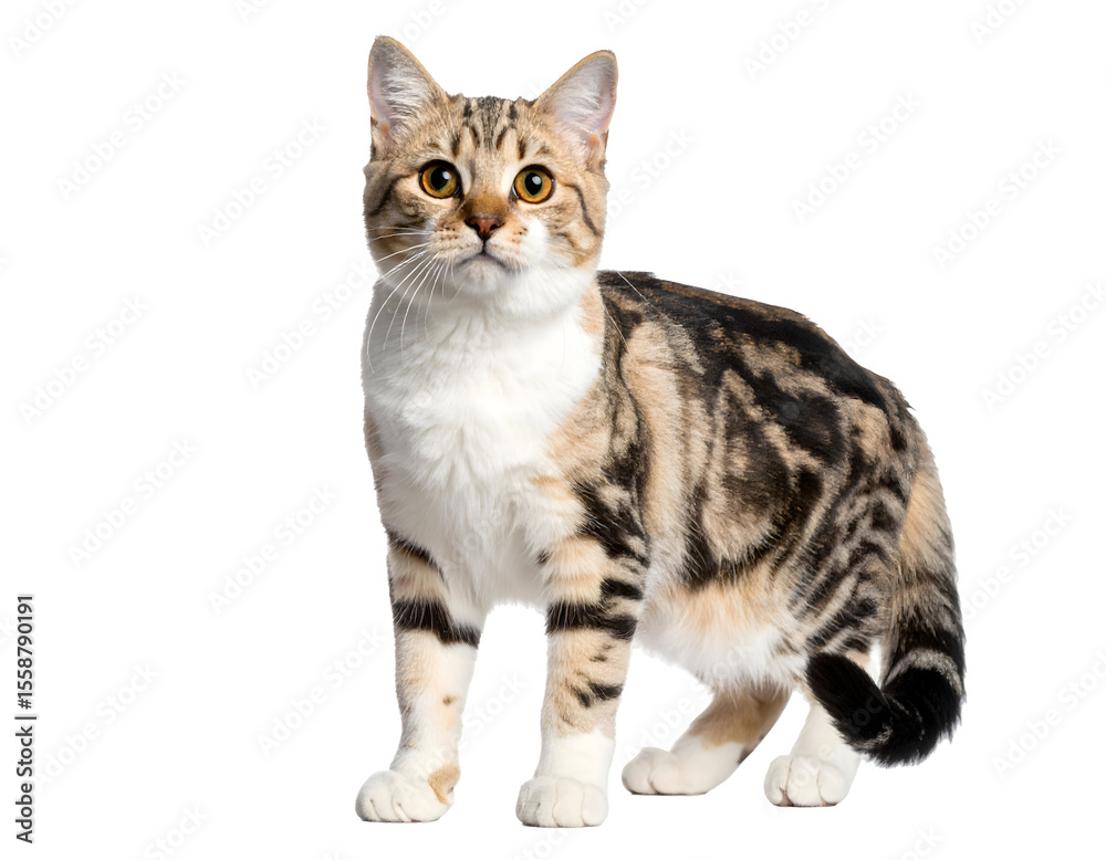 Fototapeta premium A beautiful domestic tabby cat with striking amber eyes stands gracefully, looking with curiosity.
