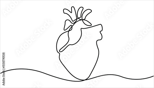 One continuous line drawing of lungs. Human heart, Continuous single-line drawing of human internal organ. Human heart Vector illustration. Human lungs, drawn with continuous line in minimalism.