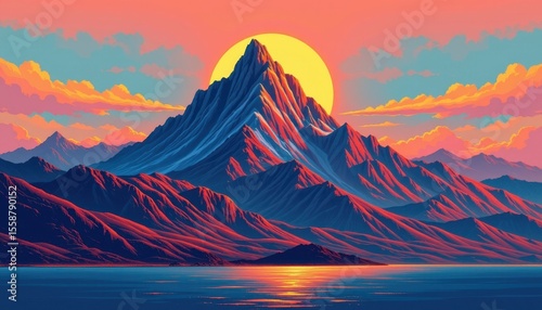 the subject of this illustration is a majestic mountain peak under the setting sun