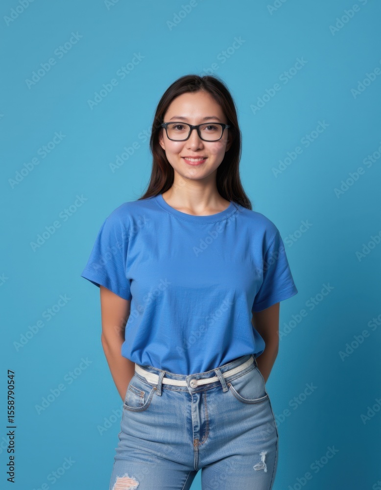 Obraz premium Portrait of a young woman in blue shirt studio setting casual vibe natural light confident expression