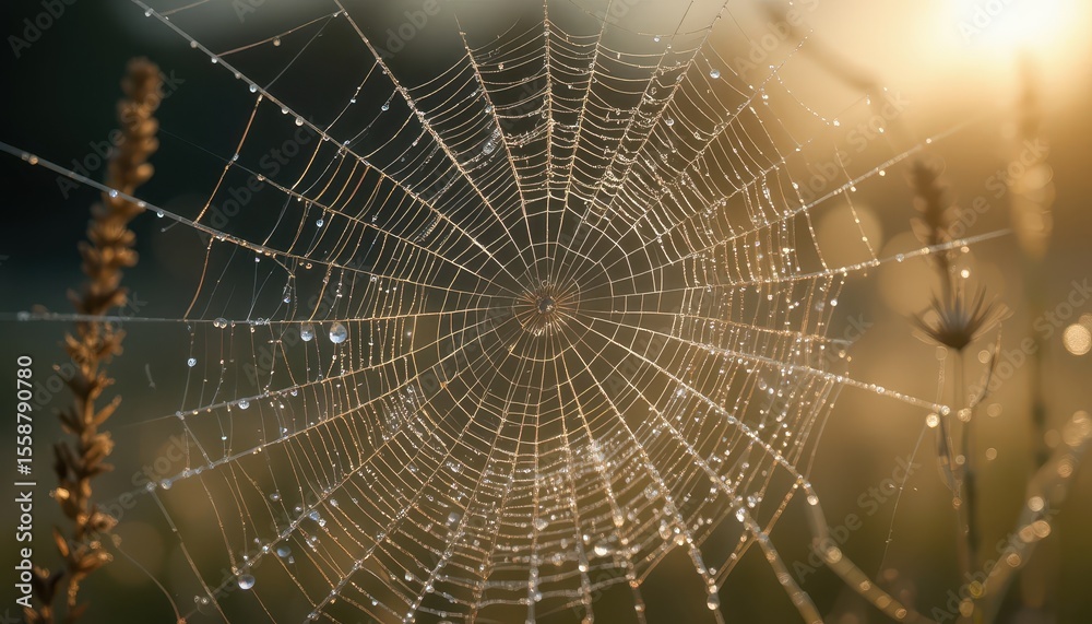 Fototapeta premium Dew-Kissed Spiderweb A Macro View of Nature's Artistry in Soft Morning Light