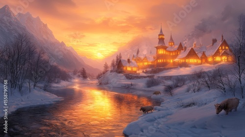 Winter Sunset Over Scenic Village with Snow-Covered Mountains
