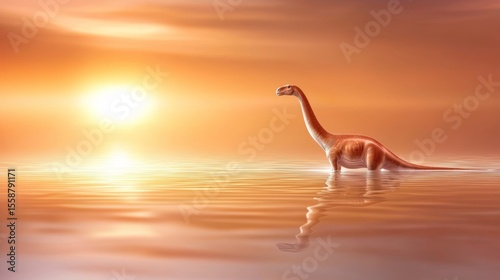 Dinosaur Silhouette at Sunset Over Calm Water Surface Landscape