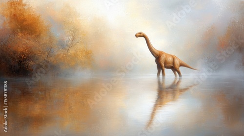Calm Scene of a Dinosaur in a Misty Autumn Landscape by Water