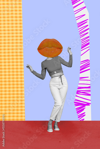 Vertical 3d image photo collage of anonym girl stand instead head mouth pouted lips pink pomade cosmetology enlarge filler