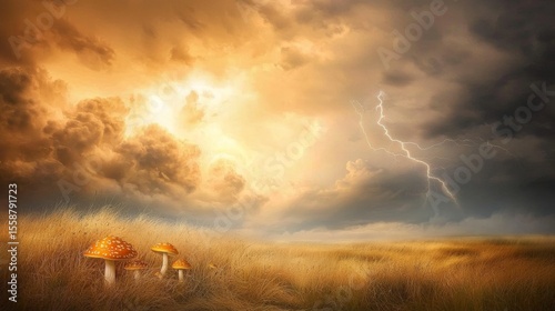 Serene Landscape with Mushrooms Under Dramatic Stormy Sky