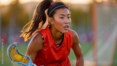 young asian woman playing lacrosse during sunset, focused on the game with teammates in the background, showcasing athleticism and passion for sports