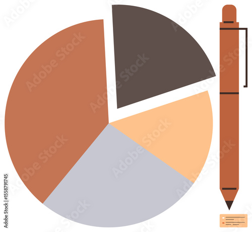 Segmented pie chart in earthy tones alongside a pen symbolizing planning, research, data analysis, trending, education, financial strategy. Ideal for presentation, report, education business slides