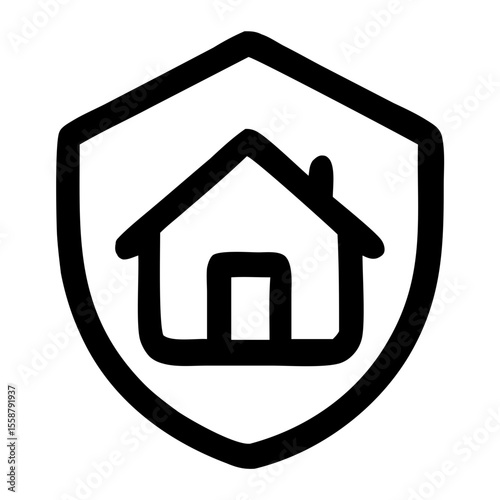 Outline Handdrawn House Shield Icon Symbol Representing Home Protection