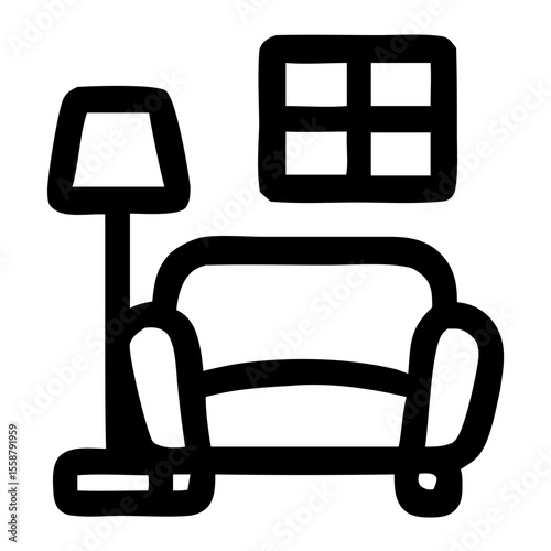 Minimalist Outline Furniture Living Room Interior with Window and Lamp Icon