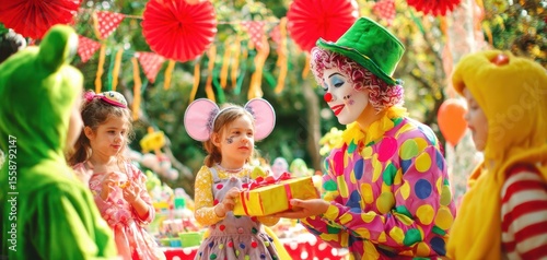 The colorful clown delights children with a surprise gift at a joyful birthday party.