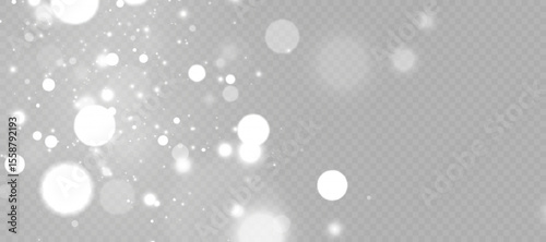 Magical snow swirl with glowing white particles and soft bokeh lights on transparent background. Ideal for winter scenes, Christmas templates, frosty overlays, and festive design projects.