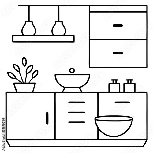 A minimalist kitchen featuring white cabinets, wooden countertops, ceramic bowls, and a potted herb. Bright and organized. No people.