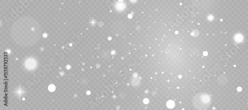 Magical snow swirl with glowing white particles and soft bokeh lights on transparent background. Ideal for winter scenes, Christmas templates, frosty overlays, and festive design projects.