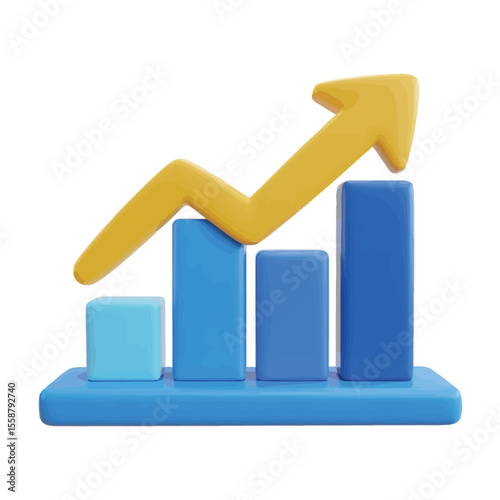 3d bar chart with a rising yellow arrow indicating growth and success