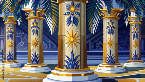 Close-up of marble columns with floral inlays in lapis and jasper. The golden palm-shaped capitals gleam gently beneath warm ambient lighting, mirrored on the polished white floor.