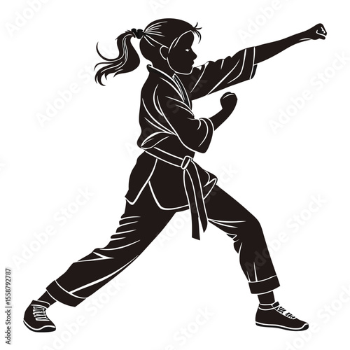 Martial Arts Girl Silhouette: Powerful Karate Pose Graphic