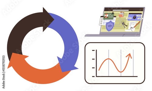 Circular arrows showing a process, laptop with security interface, and upward graph. Ideal for cybersecurity, data analysis, system optimization, workflow, research, sustainability simple flat